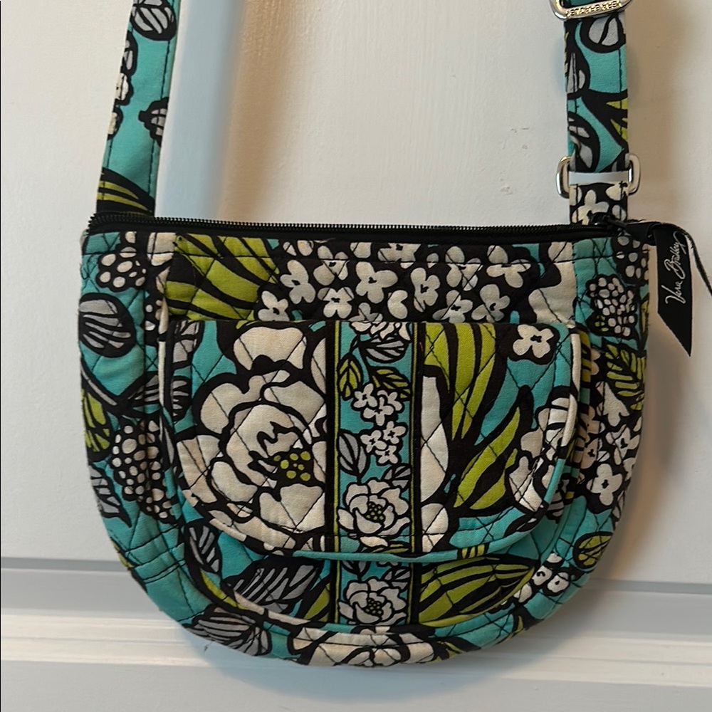 Vera Bradley Floral "Lizzy" Crossbody Bag - Teal and Black "Island Blooms"